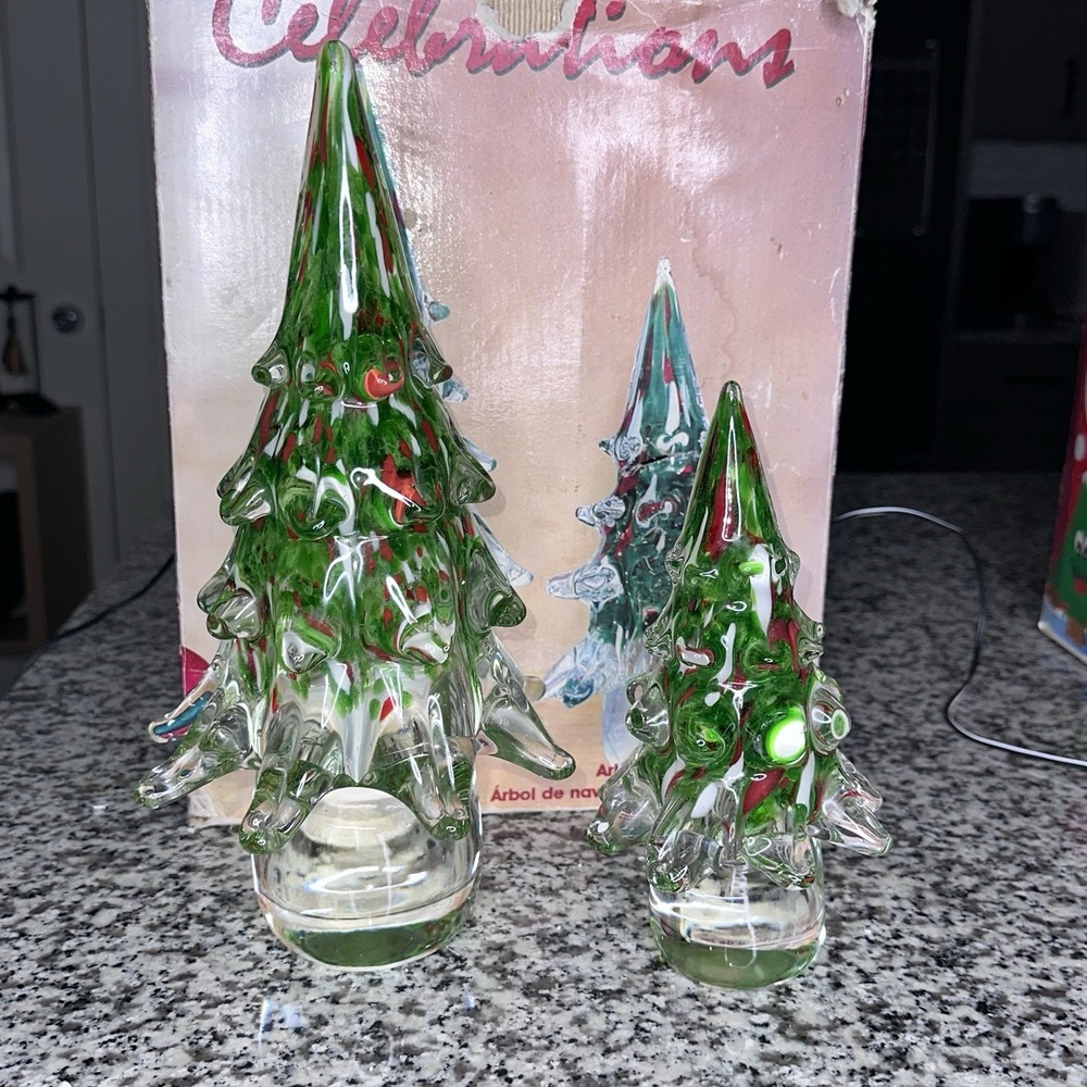 Vintage Red Green Art Glass Christmas Tree Sculpture Heavy 12 in And 8 in TWO